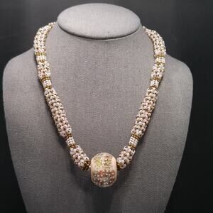 Artisan Woven Glass Beaded Necklace, Opalescent Pink Gold Glass Beads, 20 Inches